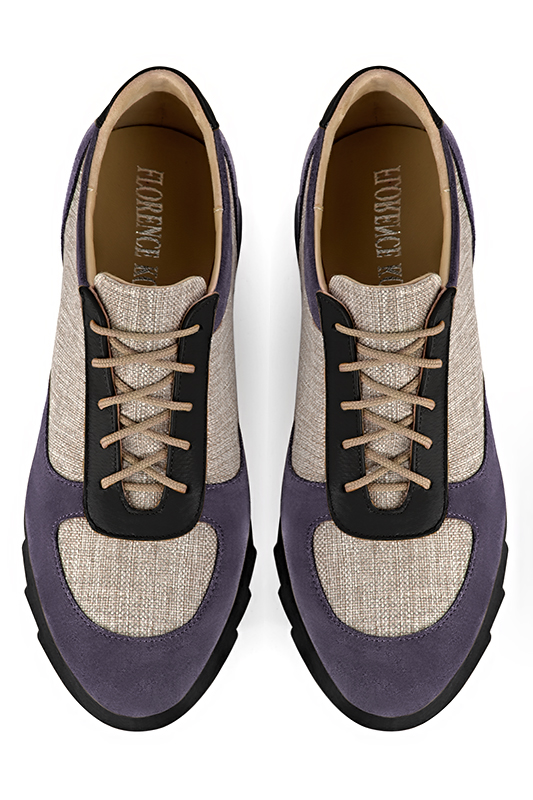 Lavender purple and satin black women's three-tone elegant sneakers. Round toe. Low rubber soles. Top view - Florence KOOIJMAN